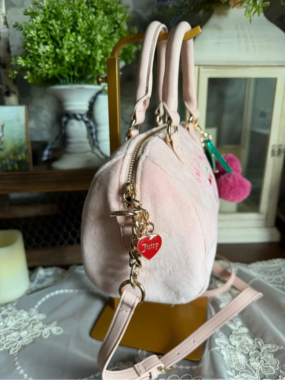 Juicy Couture Pink Cherry Charm Embroidered Small Satchel Handbag Purse